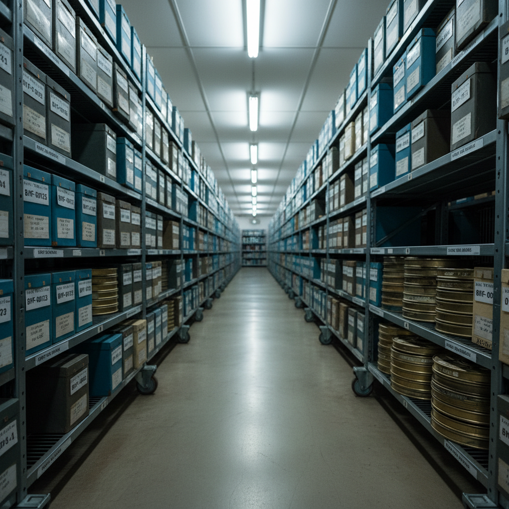 An atmospheric storage vault for film and documentary reels safeguarding Botswana’s visual heritage, rendered in cinematic photographic realism. Steel rolling shelves extend into the distance, perfectly aligned and filled with carefully labeled film canisters and archival cases in muted blues and grays. In the foreground, a single open shelf reveals neatly stacked, silver-gold reels marked with catalog numbers and dates. Cool, overhead fluorescent lighting creates a consistent, low-contrast illumination, highlighting the metallic surfaces and producing subtle reflections on the concrete floor. The air feels cool and dry, reinforcing preservation conditions. Shot from a low, centered perspective down the aisle, the converging lines of shelving draw the eye toward a softly blurred vanishing point, conveying both the scale of the collection and the long-term commitment to safeguarding moving-image history.
