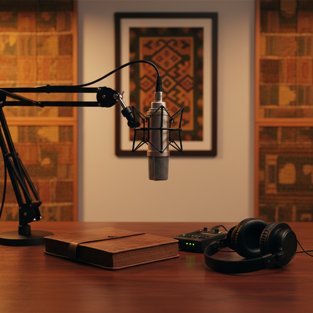 A meticulously arranged oral history recording setup dedicated to capturing Botswana’s memories, shown without any people in precise photographic realism. A high-quality condenser microphone with a fine metal mesh grille is mounted on a shock mount and boom arm above a polished wooden table. On the table rest a leather-bound notebook, a pair of closed over-ear headphones, and a small digital recorder with softly glowing indicator lights. Behind, acoustic panels in earth-tone fabrics line the wall, while a traditional patterned textile hangs framed as subtle cultural context. Warm, directional studio lighting from one side creates gentle shadows and a comforting, intimate ambiance. Composed at eye level with a shallow depth of field, the microphone and recorder are sharply focused while the background softly recedes, emphasizing the importance and care of preserving spoken heritage.