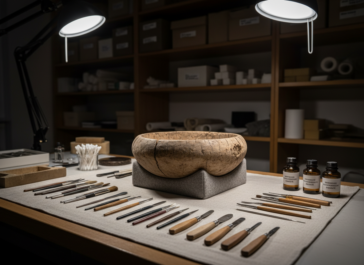 A sophisticated conservation workbench devoted to restoring antique objects from Botswana, depicted in highly detailed photographic realism. The central focus is an aged, carved wooden ceremonial bowl with visible cracks and worn patina, resting on a padded, neutral-colored support. Surrounding it are neatly arranged conservation tools: fine sable brushes, cotton swabs, micro-spatulas, and small bottles of reversible conservation adhesive, all aligned on a clean linen mat. Shelves in the background hold labeled archival materials, acid-free tissues, and inert foams. Overhead, adjustable daylight-balanced task lamps cast bright, even light that accentuates the wood grain and minute surface details, while the rest of the room falls into soft shadow. Shot from a three-quarter angle with shallow depth of field, the bowl and tools are crisply in focus, conveying precision, care, and respect for tangible heritage.