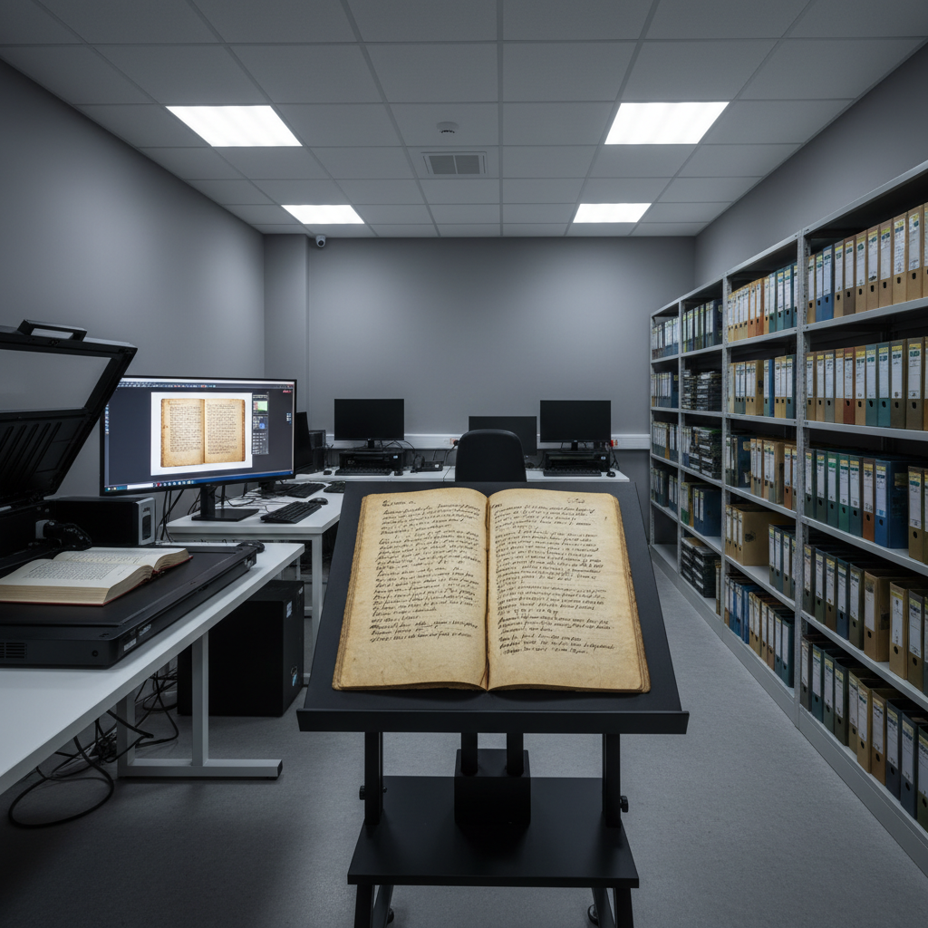 A secure digitization studio focused entirely on heritage objects, rendered in crisp photographic realism. On a matte-black copy stand, a fragile, hand-written Setswana manuscript lies open, its yellowed, fibrous paper and fading ink captured in exquisite detail. Beside it, a high-end flatbed scanner and calibrated monitor display the manuscript’s vibrant digital reproduction. The room features neutral walls, cable-managed workstations, and neatly labeled archival folders stacked on steel shelving. Cool, even LED panel lighting bathes the scene, eliminating harsh shadows and emphasizing texture without glare. The atmosphere is meticulous and modern, blending tradition and technology. Composed from a slightly elevated angle, the open manuscript dominates the frame while the equipment and shelves frame it using the rule of thirds, symbolizing the careful transition from physical archive to digital memory.