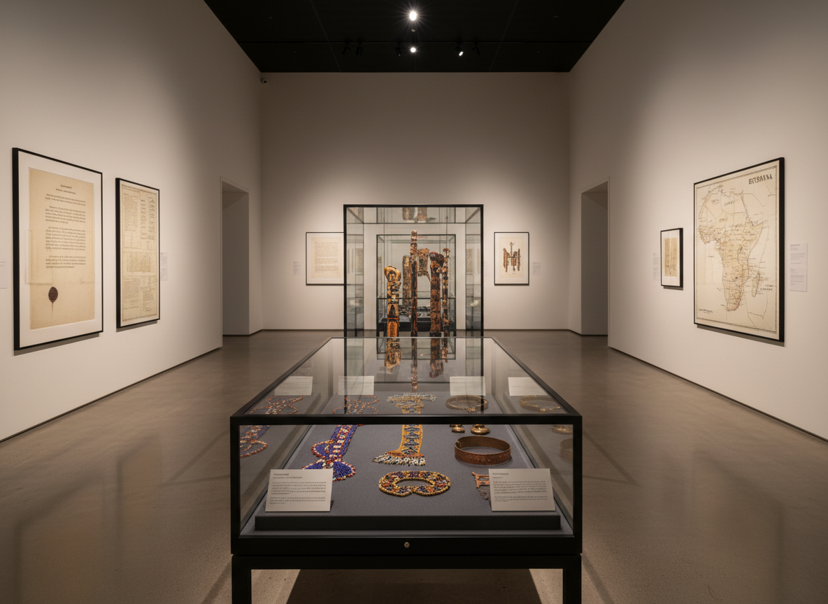 A polished exhibition space dedicated to Botswana’s royal dynasties, shown without visitors in refined photographic realism. Glass display cases hold intricate royal regalia: beaded insignia, carved wooden staffs, and finely worked metal ornaments resting on charcoal fabric plinths. Detailed interpretive plaques with clean typography accompany each artifact. The walls display enlarged, high-resolution reproductions of historic documents and maps, mounted in slim black frames. Warm gallery spotlights create focused pools of light on the objects, casting sharp yet controlled shadows inside the cases. The rest of the gallery remains softly lit, cultivating a contemplative, dignified mood. Captured from an eye-level perspective down the central aisle, the composition leads the viewer’s eye through receding vitrines, creating a sense of depth and continuity of heritage across generations.