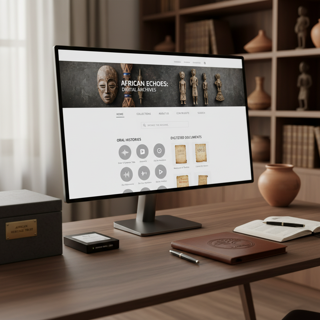 A refined digital heritage portal interface presented on a sleek workstation, captured in contemporary photographic realism. A large, ultra-thin monitor displays an elegant website homepage for an African archival collection, featuring a hero image of antique artifacts, clean navigation, and a searchable catalog preview of digitized documents and oral histories represented as waveform thumbnails and document icons. The monitor sits on a minimalist dark-wood desk alongside a closed archival storage box, a labeled external hard drive, and a notebook embossed with an archival seal. Soft, indirect daylight from an unseen window reflects gently off the screen without obscuring details. The atmosphere is sophisticated and technologically advanced, yet grounded in tradition. Framed from a slightly off-center, eye-level angle, the composition uses shallow depth of field so the interface is razor sharp while the desk edges and background shelving soften gracefully.